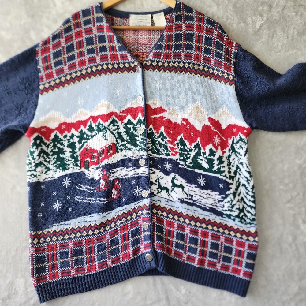 Northern Treasures Vintage Sweater Womens XL Cardigan Parkhurst Cabin Deer Scene